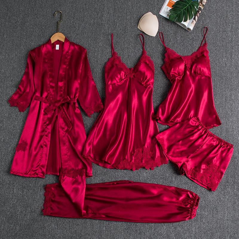 Women's Five-Piece Silk Pajama Set - Sensual Padded Nightdress and Battleship Print for Spring & Summer