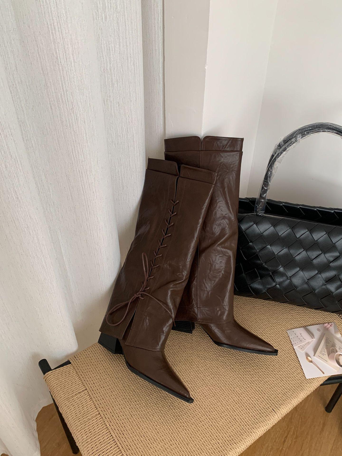 

Pointed Metal Belt Buckle Rivet Vintage Western Cowboy Boots High Heel Knight Spice Girl Pant Boots Women s Boots 39 темно-коричневого кольору