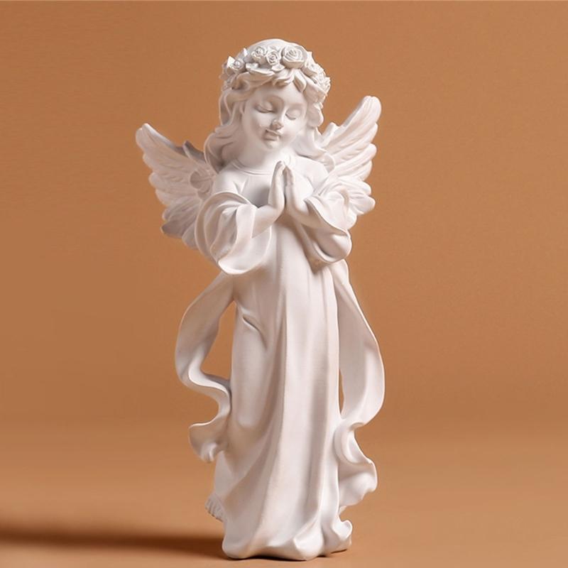 Resins Little Angel Girl Statue Artistic Desk Decors Nordic Styles Praying Cherub Sculpture With Wing Religious Gift