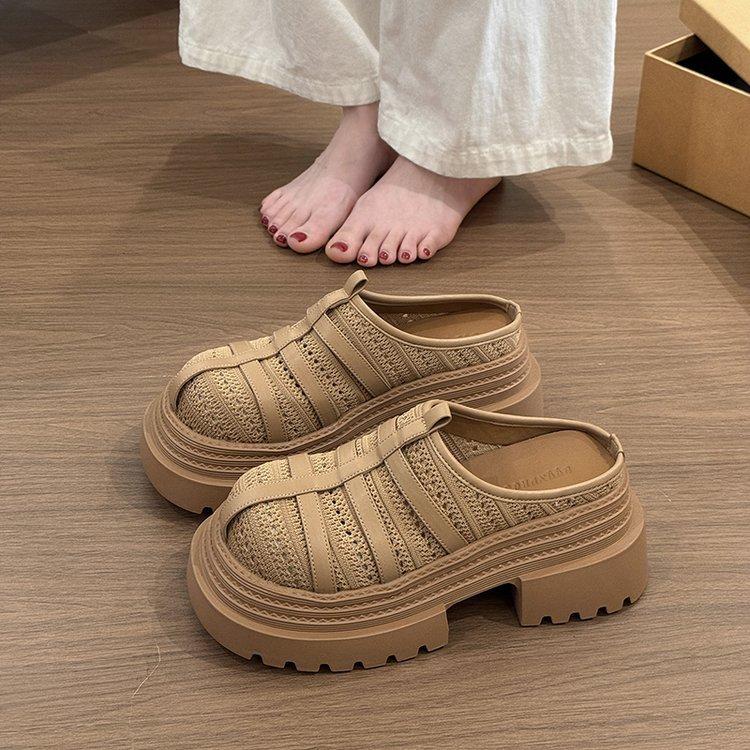 Retro Simple One-pedal Cool Slippers Women's 2025 Summer New Outer Wear Weaving Hollow Small Height-increasing Slippers