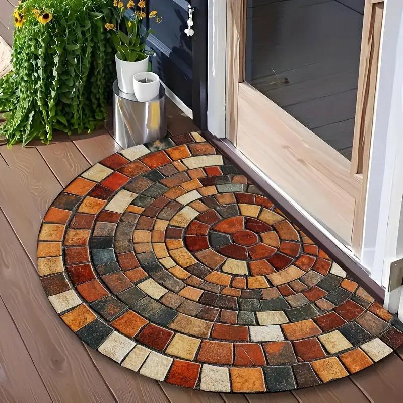 Retro Pebble Semi-circular Floor Mat, Entrance Foyer Carpet, Dirt-resistant and Easy-to-maintain Crystal Velvet Floor Mat