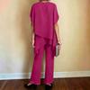 Women's Fashion Casual Solid Color Loose Fit Asymmetric Hem Two Piece Set Top and Pants Lightweight Comfortable Outfit for Daily Wear