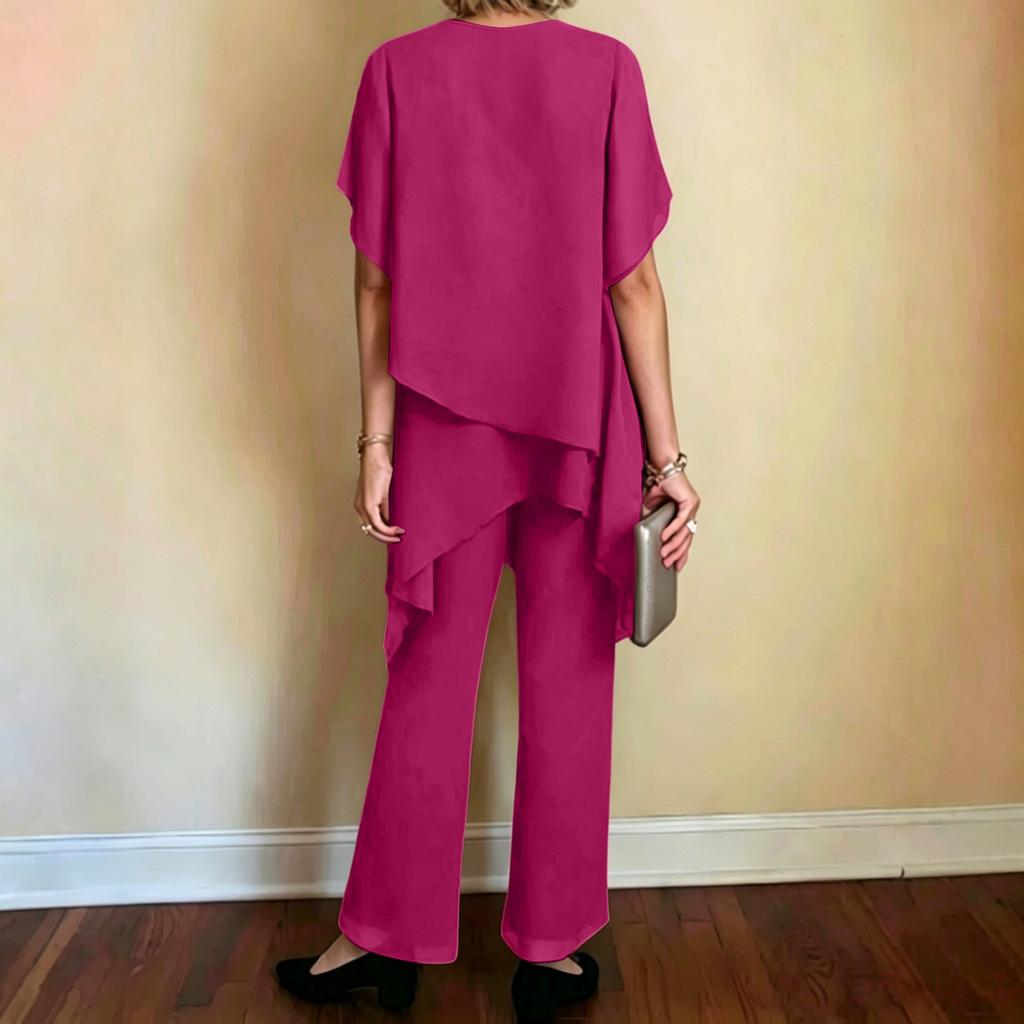 Women's Fashion Casual Solid Color Loose Fit Asymmetric Hem Two Piece Set Top and Pants Lightweight Comfortable Outfit for Daily Wear