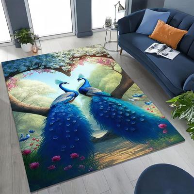 Tappeto Pavimento 3D Colorato Pavone Uccelli Romantici per Camera da Letto Soggiorno Divano Casa Zerbino Decorazione, Tappeto Pavimento Antiscivolo Più Grande per Giochi Bambini