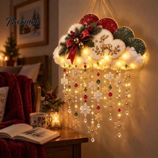 Snow Theme Wall Decor Vintage Lighted Christmas Snowfall Cloud, Cascading Snowflake Light with Reindeer/Angel, Winter Holiday Ornaments LED