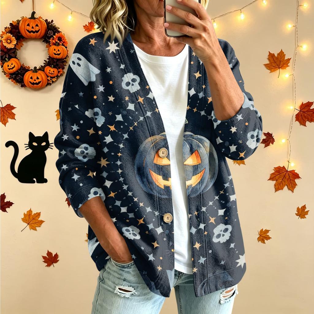Women's Casual Fashion Long Sleeve Halloween Print Jacket for Party and Everyday Outfits