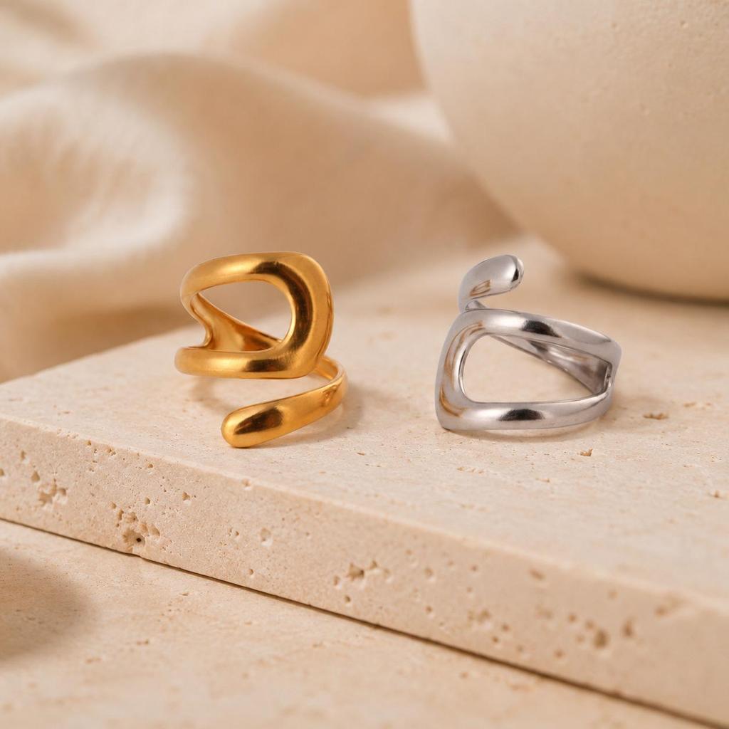 European Geometric Stainless Steel Hollow Ring: Irregular Exaggerated Design for Women