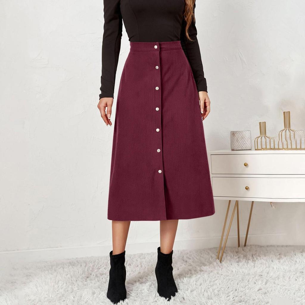 Women's Corduroy Skirt Single Breasted High Waisted Long Skirt
