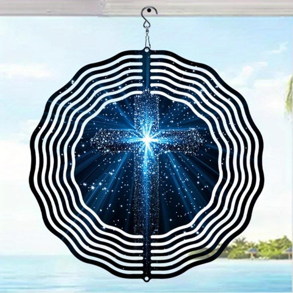 Starry Sky Blue Light Cross Pattern Wind Rotating Chime Metal Hanging Ornament for Yard Balcony Window Outdoor Decor Gift