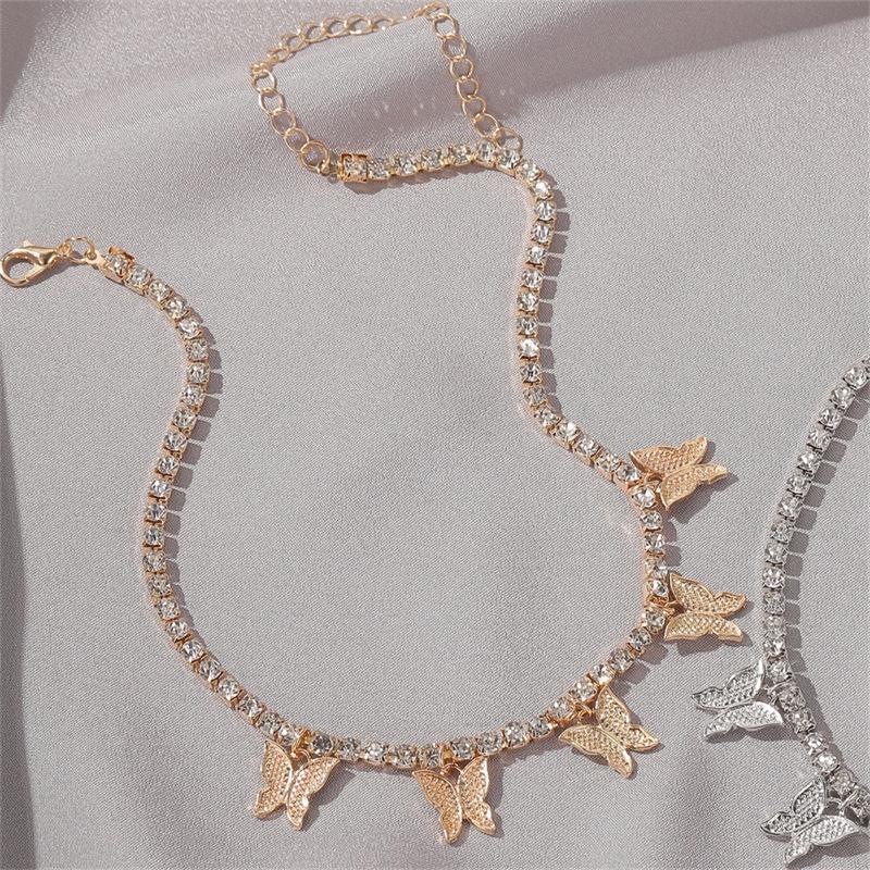 European & American Rhinestone Butterfly Necklace: Short Hip-Hop Alloy Cuban Chain Pendant.
