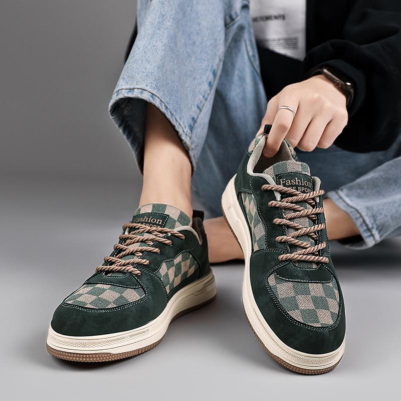 Men’s Black Green Checked Sports Shoes Casual Skateboard Shoes Students Walking Running Sneakers Shoes Over Sized 46 47 48