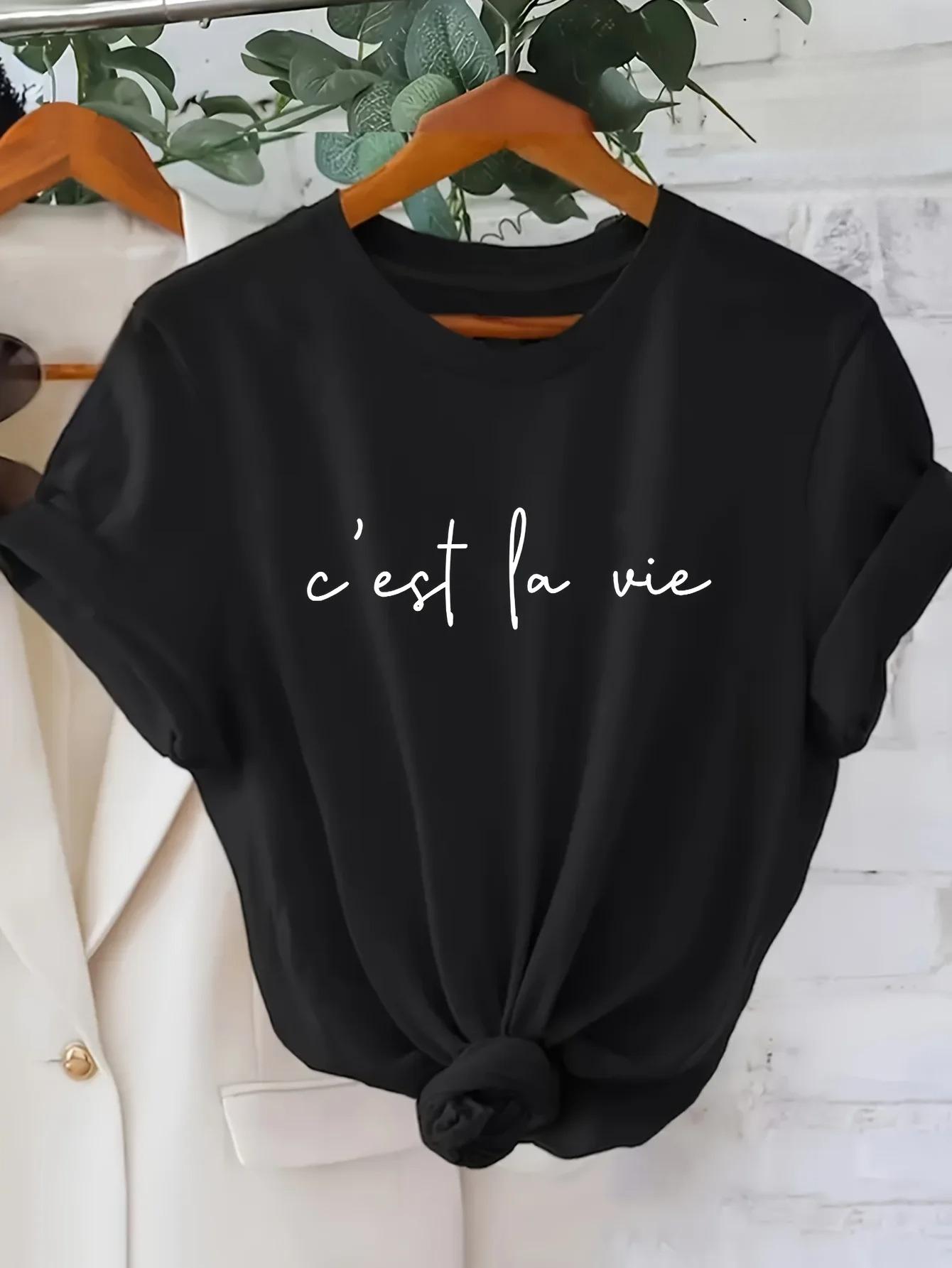 

Womens Casual TShirt Cest La Vie Simple Cursive Print Black with White Lettering Short Sleeves Crew Neck Everyday Top Y2K S
