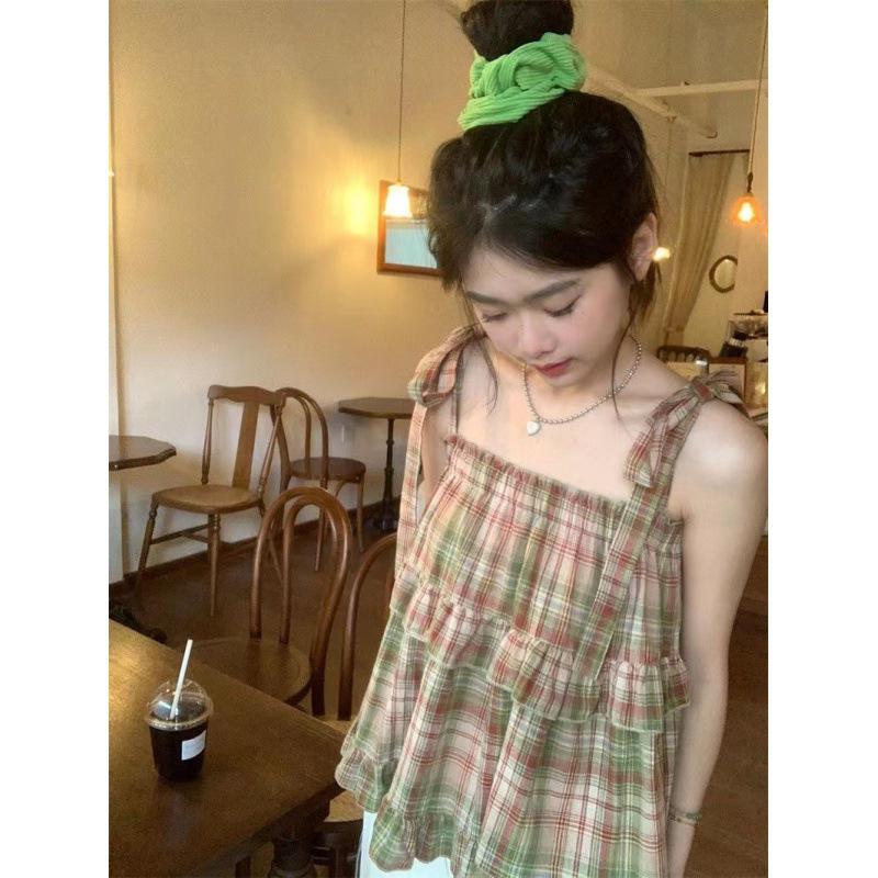 Retro Lace-Up Plaid Babydoll Cami Top