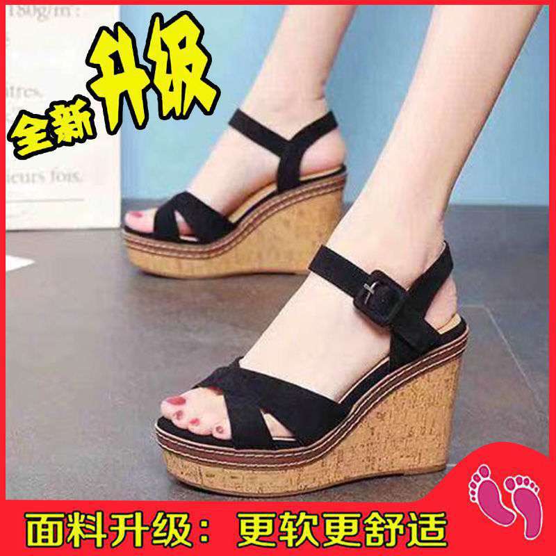 2025 slope heel sandals women's summer new high-heeled platform open-toed muffin shoes European station casual sandals