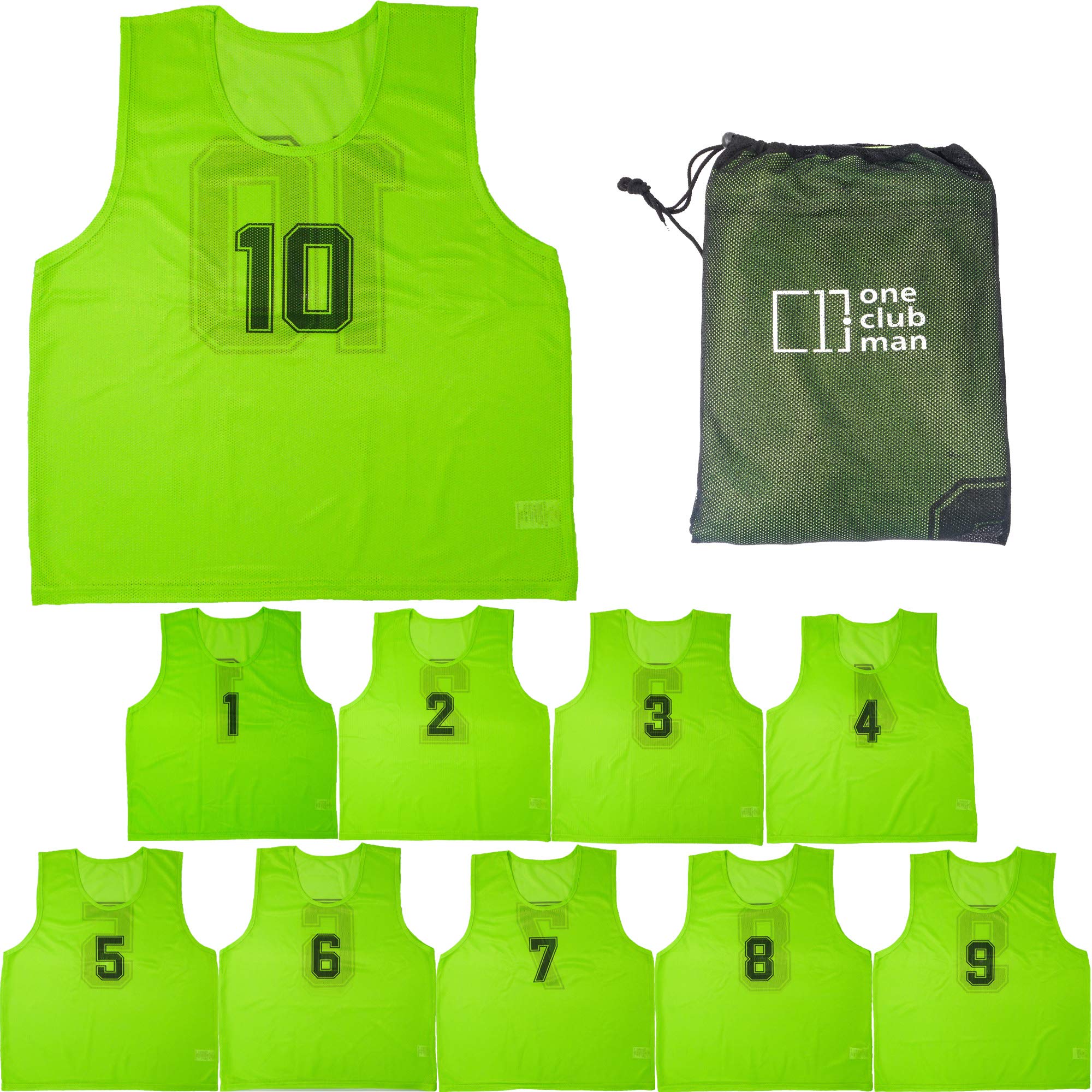

One Club Man Set of Numbers with Storage 5 2 Sizes 10-Piece Bibs, 1-10, Bag, Soccer/Basketball, Colors, (Junior Size, Green) зелений