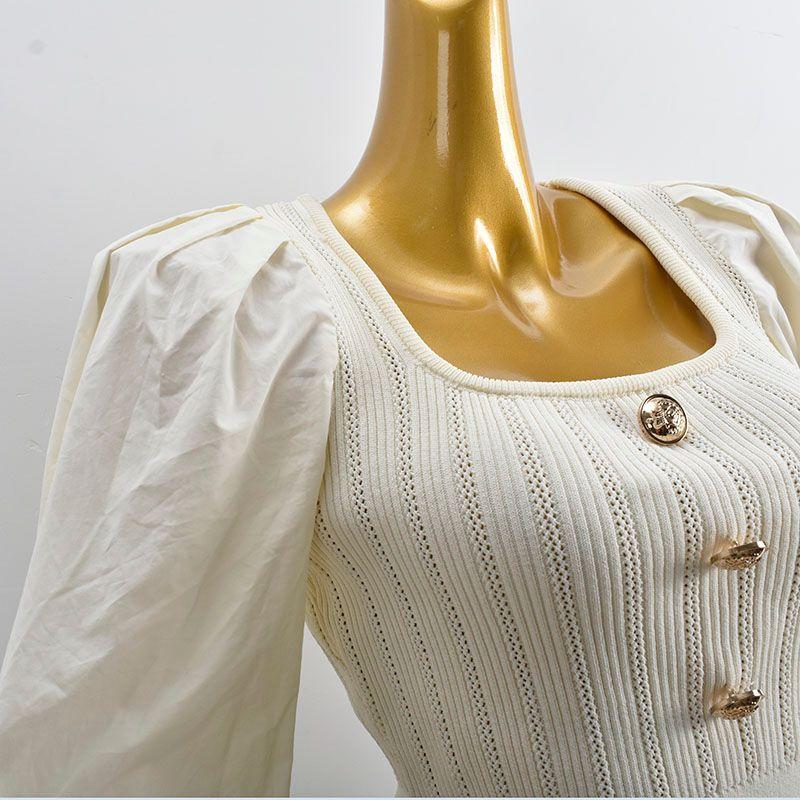 Withdraw from Cupboard Classic Style Square Collar Short Silm High Waist Long Sleeves Knitting Clothing Patchwork Pure Color Pullover Stylish Women