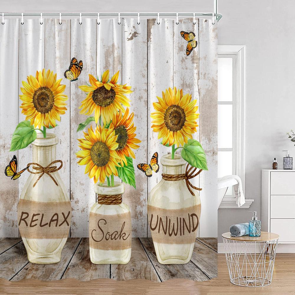Sunflower Floral Shower Curtains Spring Plants Birds Butterfly Green Leaves Bathroom Curtain Modern Polyester Fabric Bath Decor