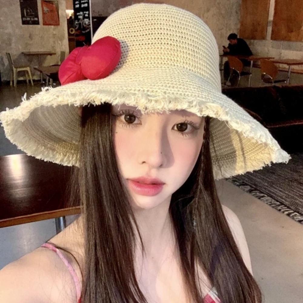 Sweet Woman's Straw Hat Elegant Lace Brim Sunshade Cap Handmade Big Bowknot Sun Hat  Travel