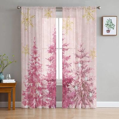 Christmas Pink Christmas Tree Window Tulle Curtains For Living Room Kitchen Christmas Home Decor Sheer Voile Curtains