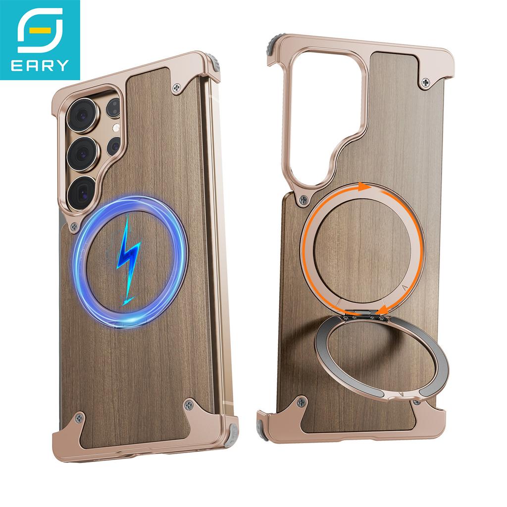 Eary Wooden Phone Case for Samsung Galaxy S26 S25 Ultra With Magnetic Stand 360°Rotatable Frameless Shockproof Protective Cover