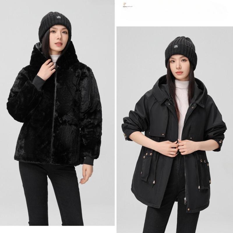 

Женский костюм Парка средней длины с внутренним плюшем, капюшоном и большим меховым воротником как спереди, так и сзади, однотонная зимняя куртка XXXL чёрный