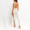 Women's V Neck Sleeveless Crochet Knit High Slit Tassel Long Beach Cover Up Dress