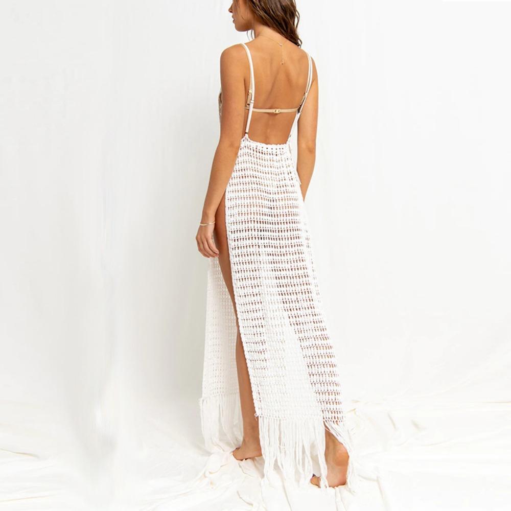 Women's V Neck Sleeveless Crochet Knit High Slit Tassel Long Beach Cover Up Dress