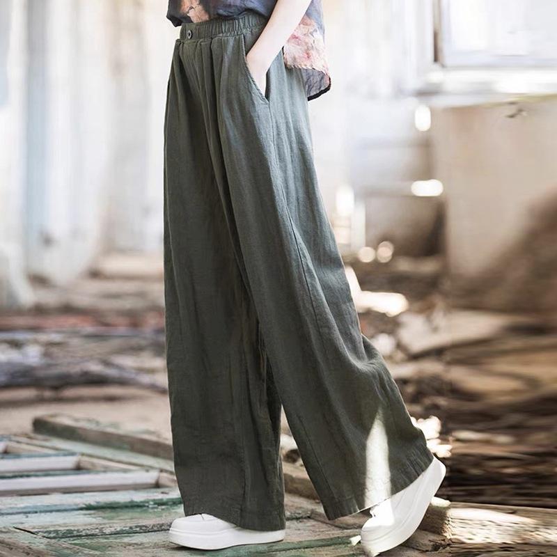 Solid Color Cotton and Linen Wide-leg Casual Pants Women's Spring and Summer 2025 New Loose Age-reducing Elastic Waist Retro Floor-mopping Trousers