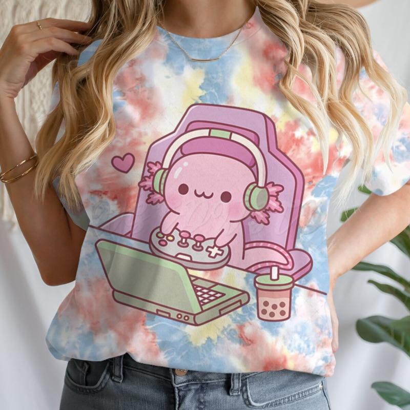 Cute Axolotl Playing Games T-shirt Female Casual Summer Drink Top Tie Dye Boba Tea Cartoon T-shirts Gamer Funny Short Sleeve Tee