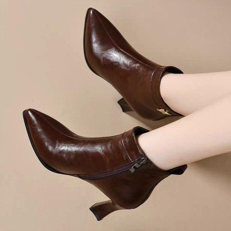 Autumn and winter new thin heel soft sole medium heel single boots pointed high heels short boots hand-scratched fashion boots