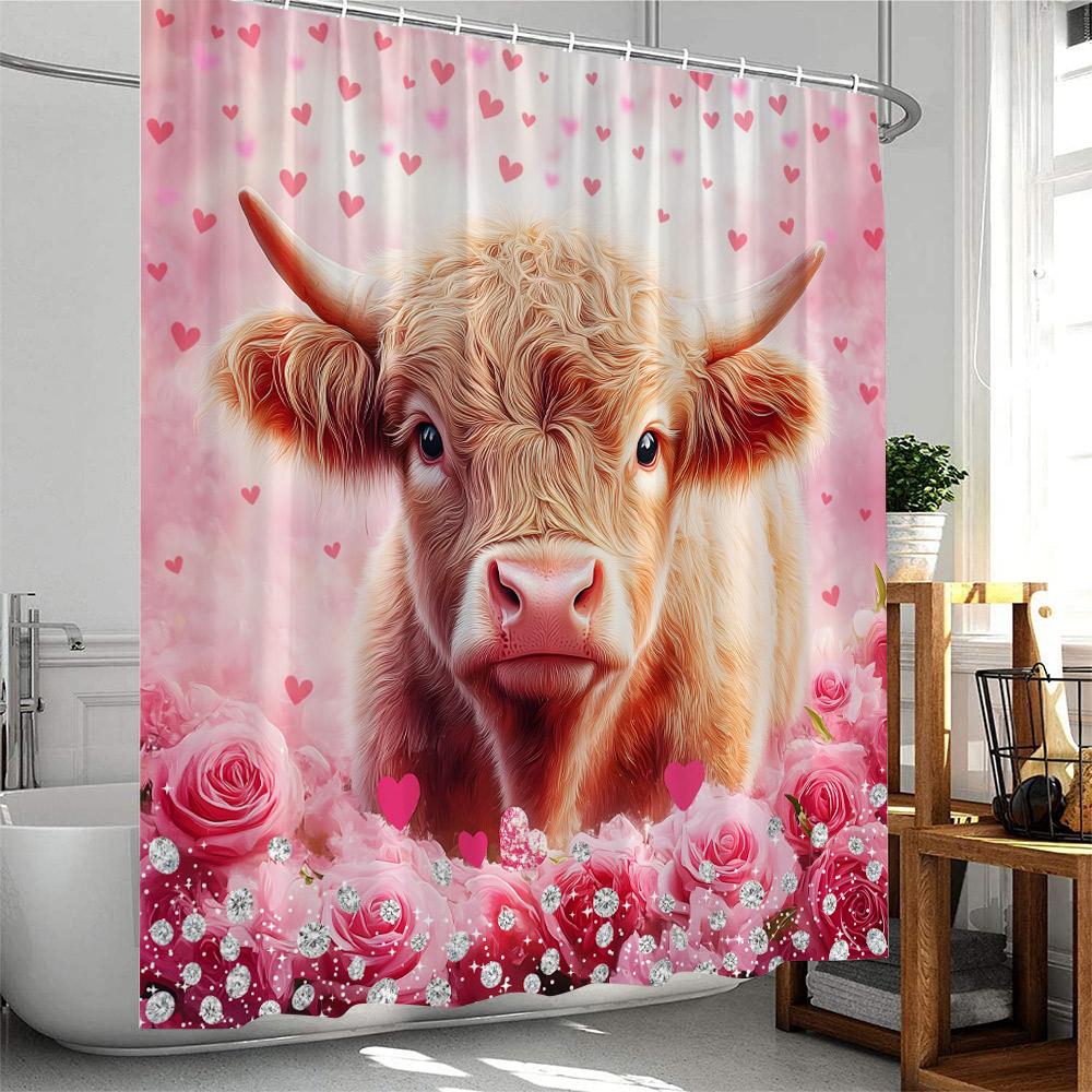 Valentine's Day Shower Curtains Cute Animals Highland Cattle Pig Flamingo Elf Heart Red Rose Bath Curtain Fabric Bathroom Decor