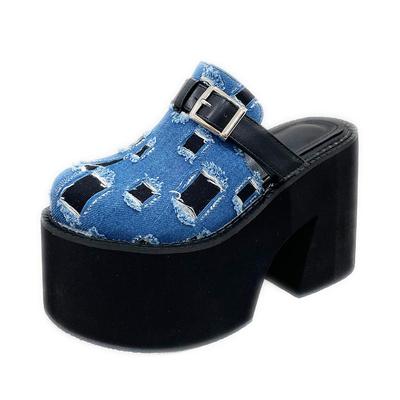 Gdgydh Women's Closed Toe Platform Mules High Heels Backless Slip On Slides Mules Shoes Denim Fashion Buckle Chunky Heel Blue