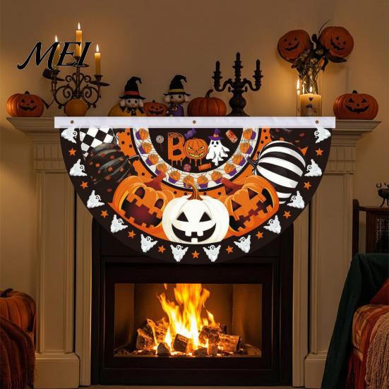 Outdoor Halloween Decorations Semi Circle Bunting Banner, Pumpkin Bat Porch Yard Decor, Festive Window Hanging Spooky Flag for Indoor Party