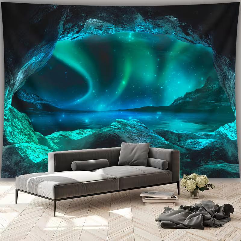 2D Northern Lights Cave Tapestry, Teal Sky Wall Decor