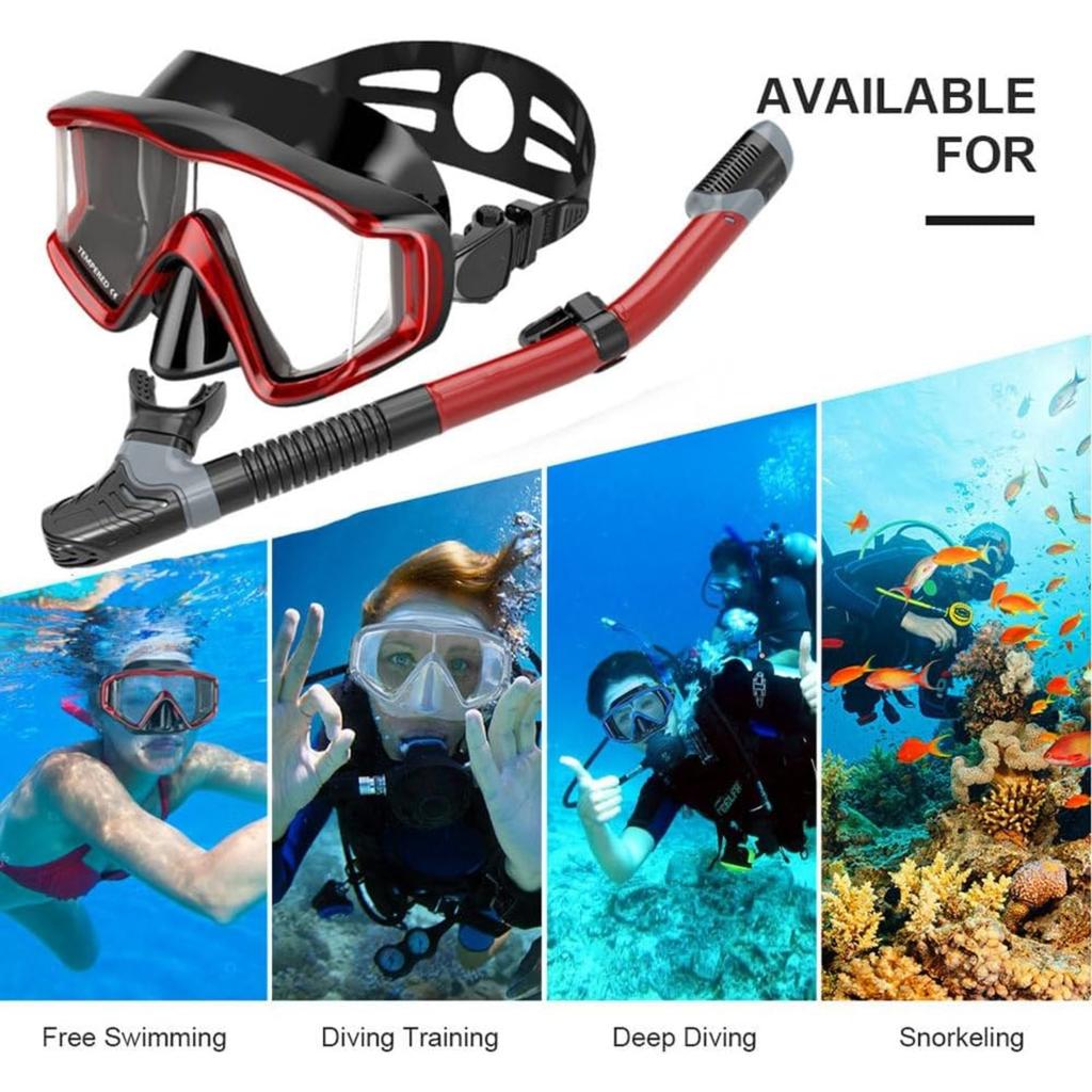 Snorkeling Gear for Adults, Snorkel Diving Mask Panoramic, Anti-Fog Tempered Glass Freedive Mask Diving Mask, Portable Dry Snorkel Set for Diving
