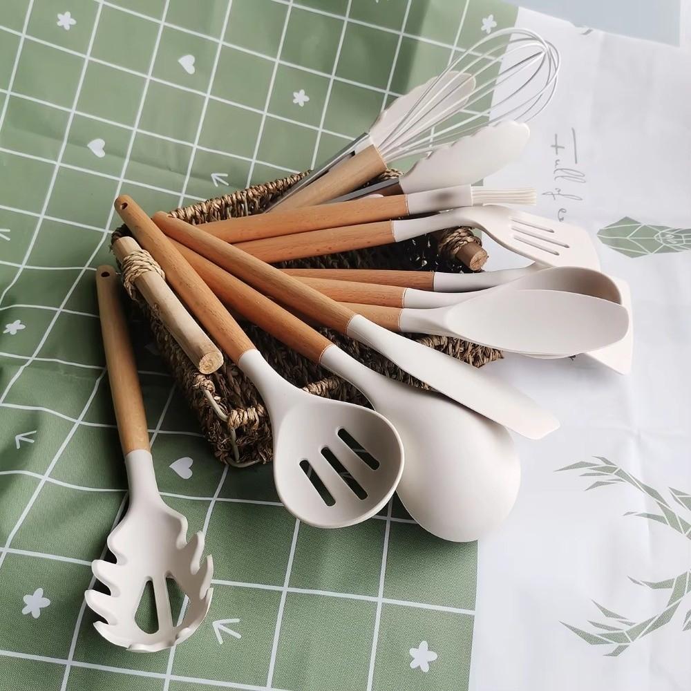 12pcs Wooden Handle Non-Stick Cookware Set Silicone Soup Spoon Baking Shovel  Kitchen Use
