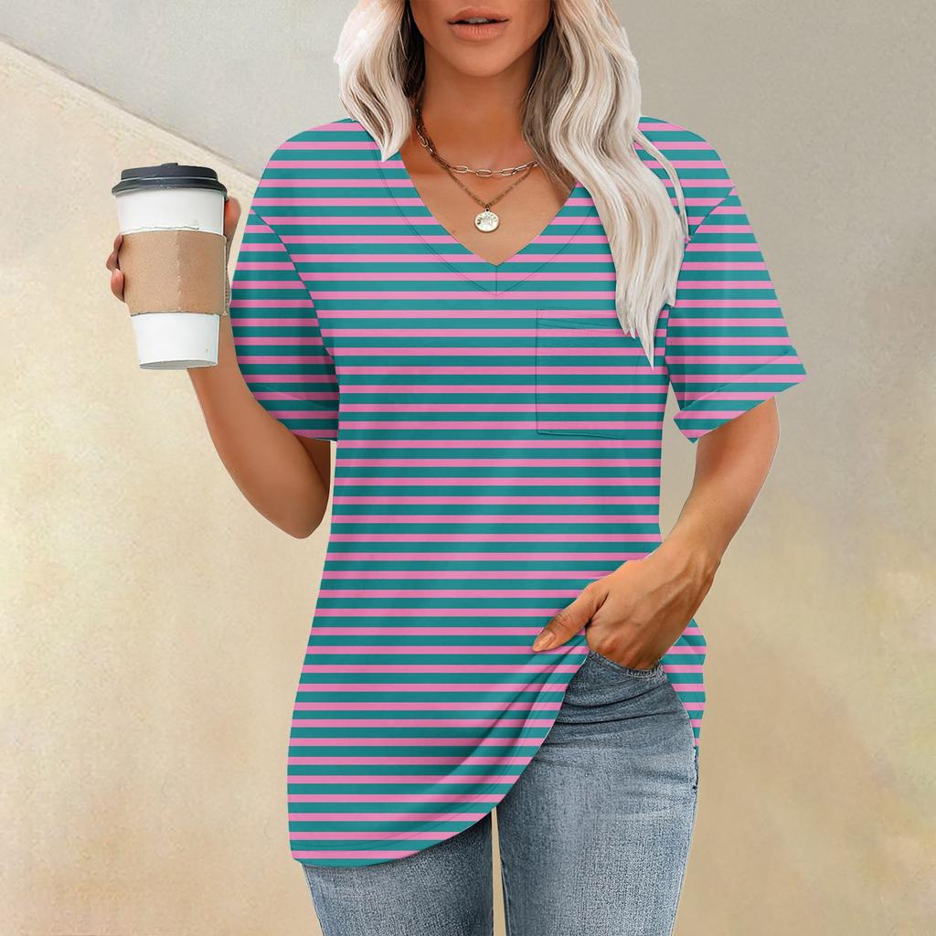 Fashion Pocket V-Neck Short Sleeve Striped Print T-Shirt Top