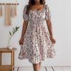Real Shot Women's Skirt Spring and Summer New European and American Floral Square Neck Short Sleeve Waist Ruffled Dress