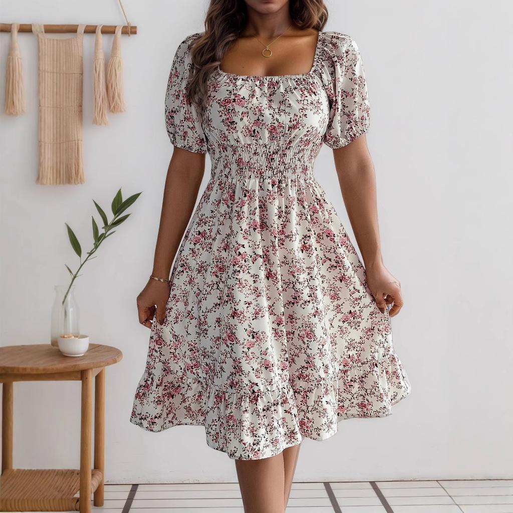 Real Shot Women's Skirt Spring and Summer New European and American Floral Square Neck Short Sleeve Waist Ruffled Dress