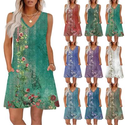 Women's Summer Dresses Loose Fit Printed V Neck Sleeveless Sundresses Beach Hawaiian Dress With Pockets