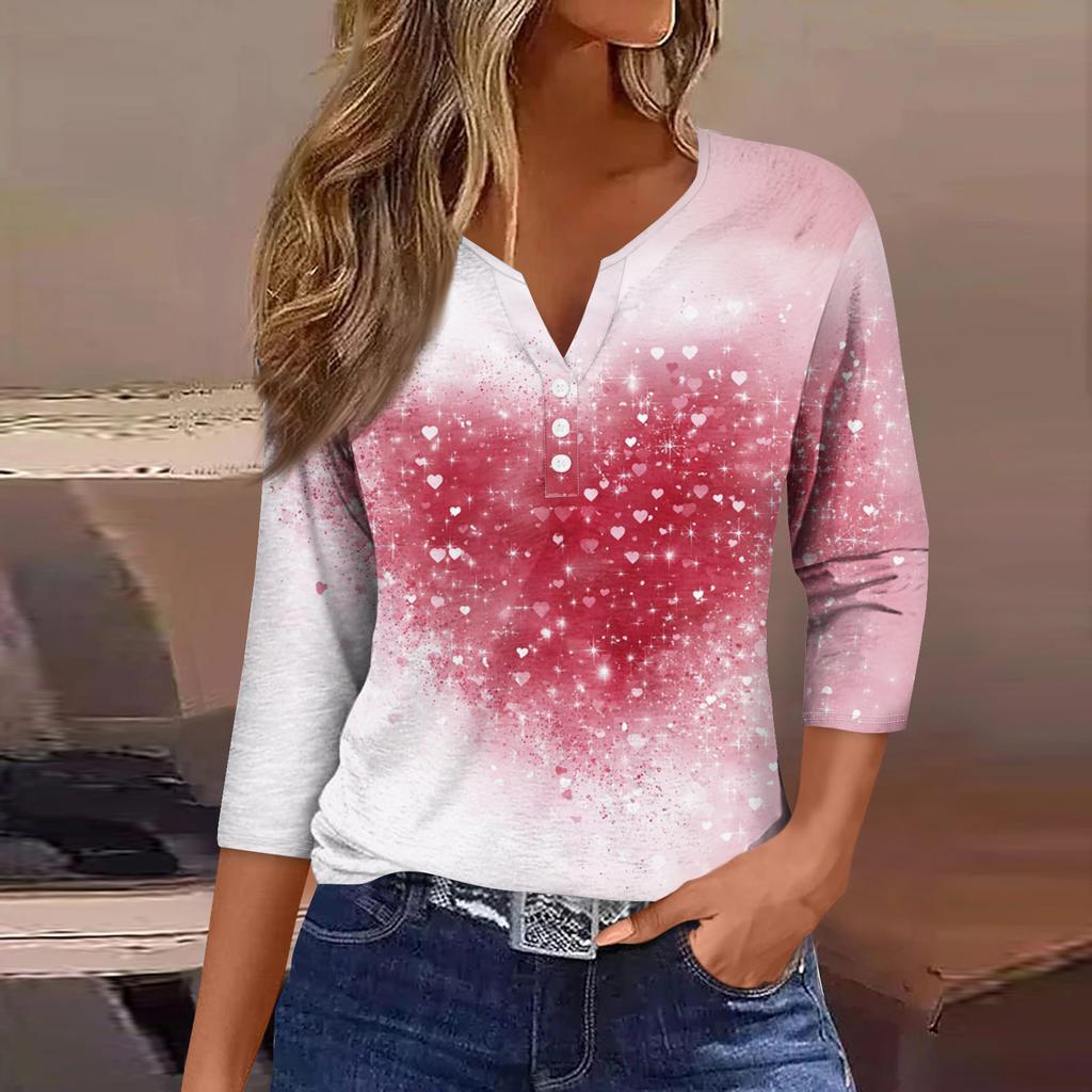 Damen Kragen Valentinstag Print Kurzarm T-Shirt Top