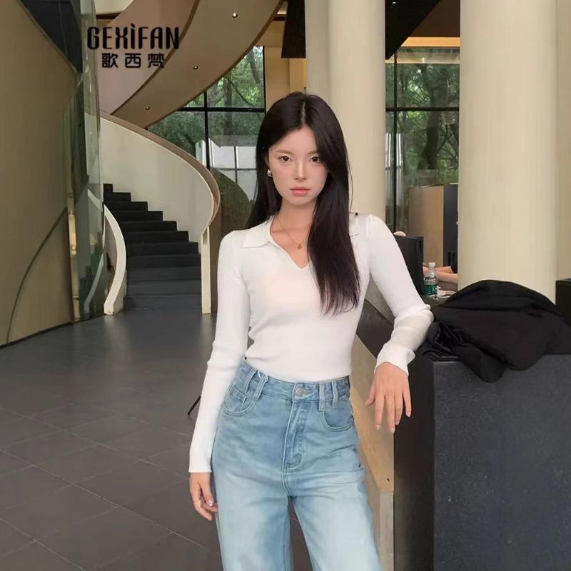Chic Lapel Pure Desire Bottoming Shirt Women's Early Autumn Inner High-end Sweater Slim-fitting Long-sleeved Knitted Sweater Top