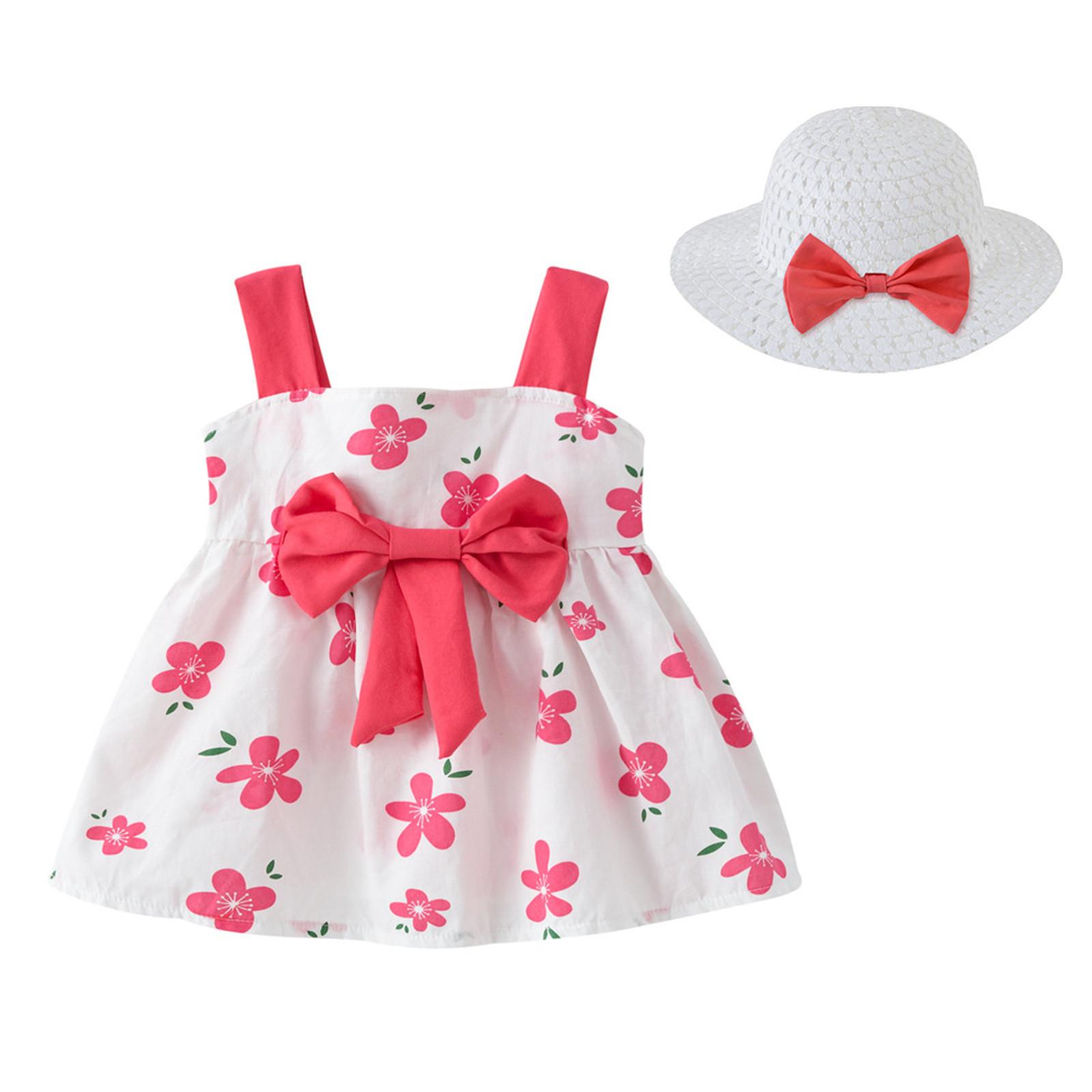 

[Lucky] Пляжное платье с цветочным принтом и цветами для маленьких девочек, платья принцессы, одежда со шляпой 110 арбуз красный