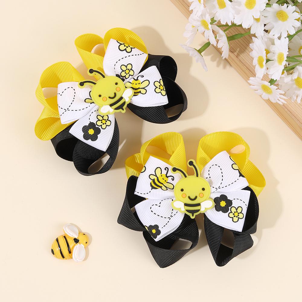 2Pcs Cartoon Bee Bow Hair Clips For Girls Cute Flower Print Color-Blocking Ribbon Hairpins Kids School Daily Trendy Accessories
