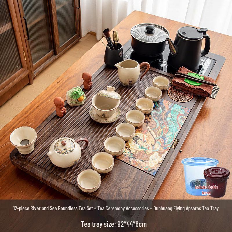 Ru Kiln 12-Piece Tea Set with Dunhuang Flying Apsara Tea Tray and Accessories