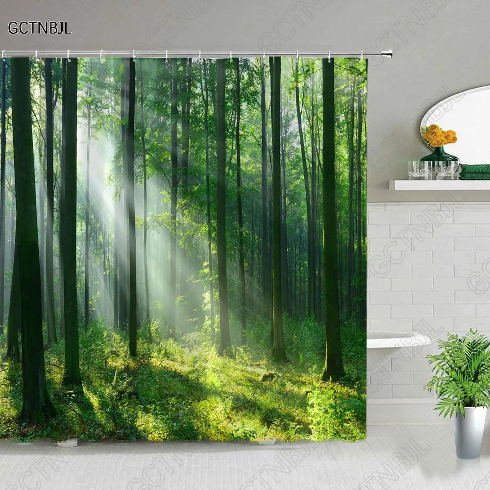 Modern 3D Printing Green Plant Tree Scenery Shower Curtains Forest Bamboo Landscape Bath Curtain Set For Bathroom Decor Cloth