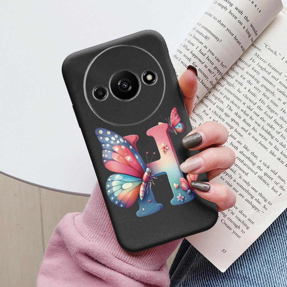 Handyhülle für Xiaomi Redmi A3 4G A3x Rosa Buchstabe Blume Schmetterling Stoßfest Weiches Silikon Cover Kameraschutz TPU Fundas