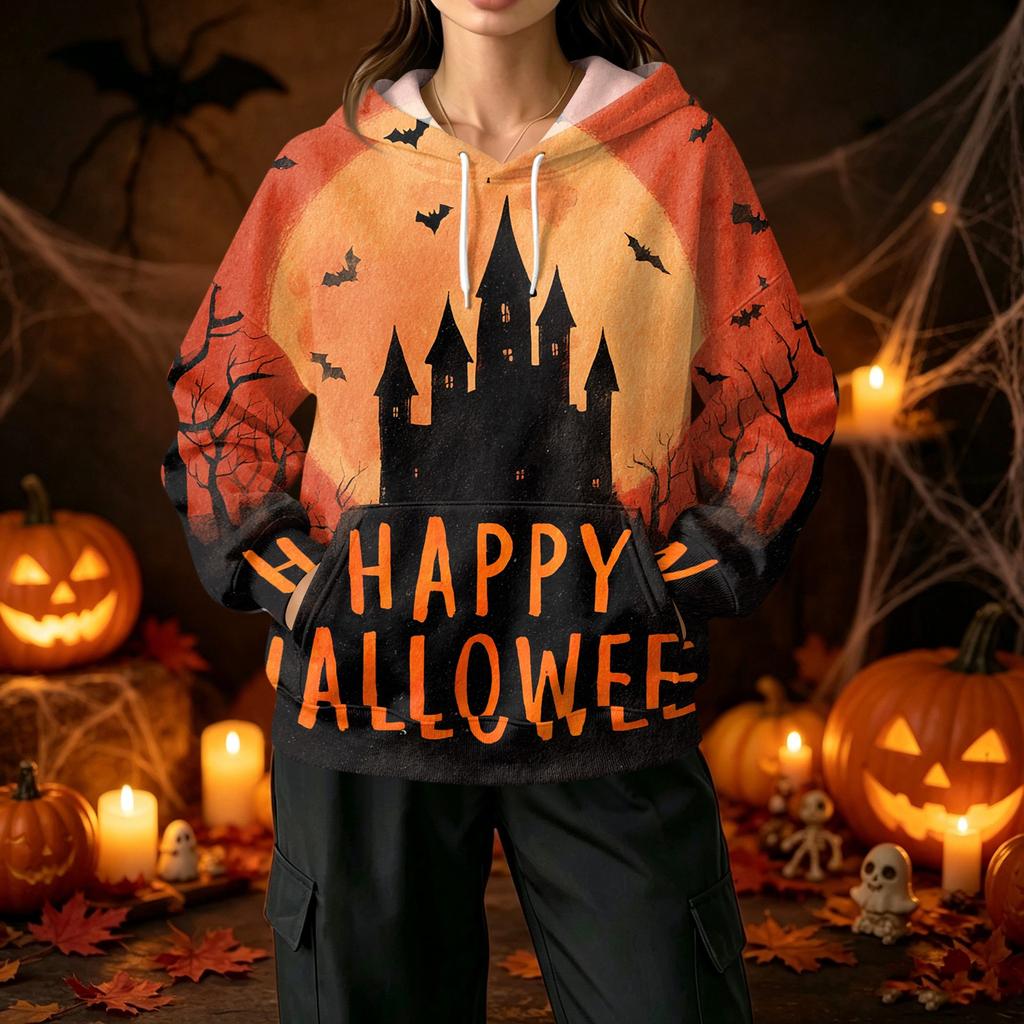 Ladies fashion casual Halloween printed drawstring hooded sweater with pockets