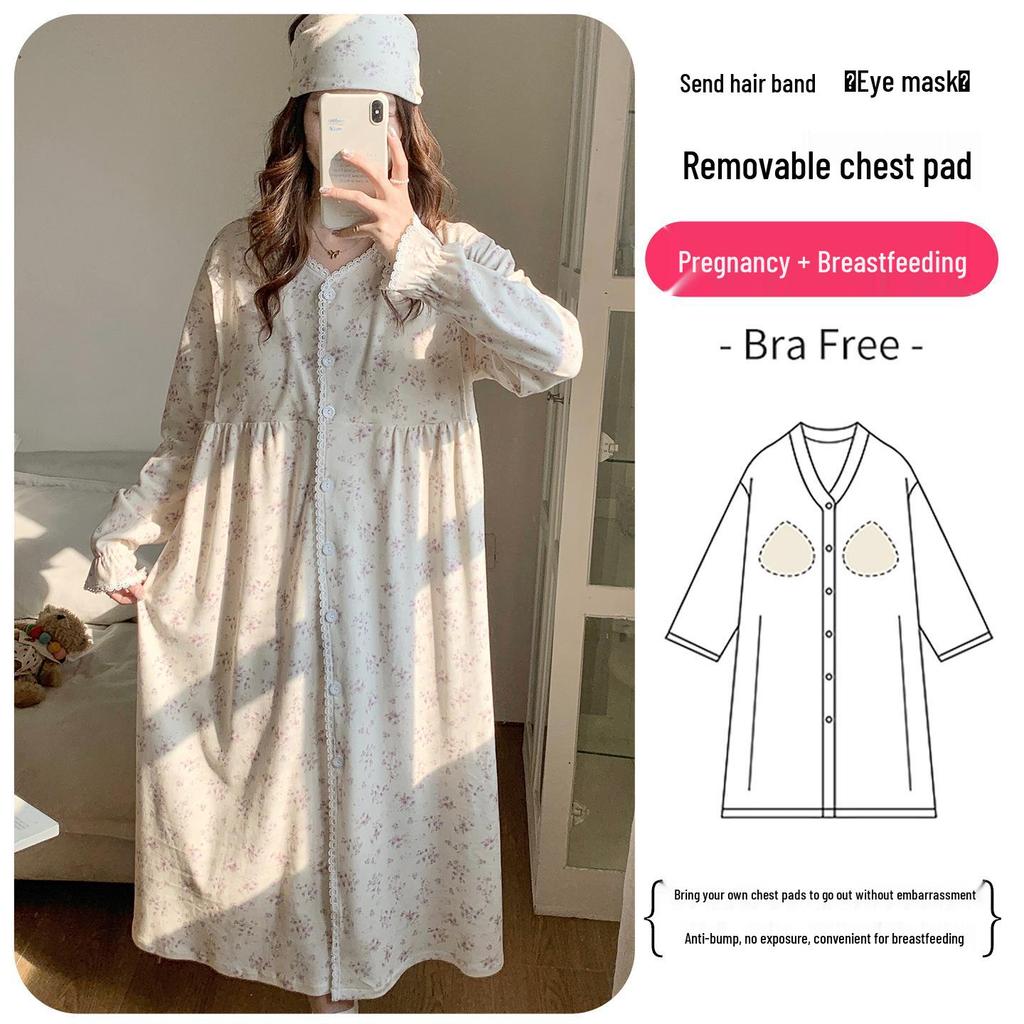 Plus Size Maternity Nightgown with Breast Pads for Postpartum, Spring, Summer, Autumn; Comfortable Labor Dress for Pregnant Women