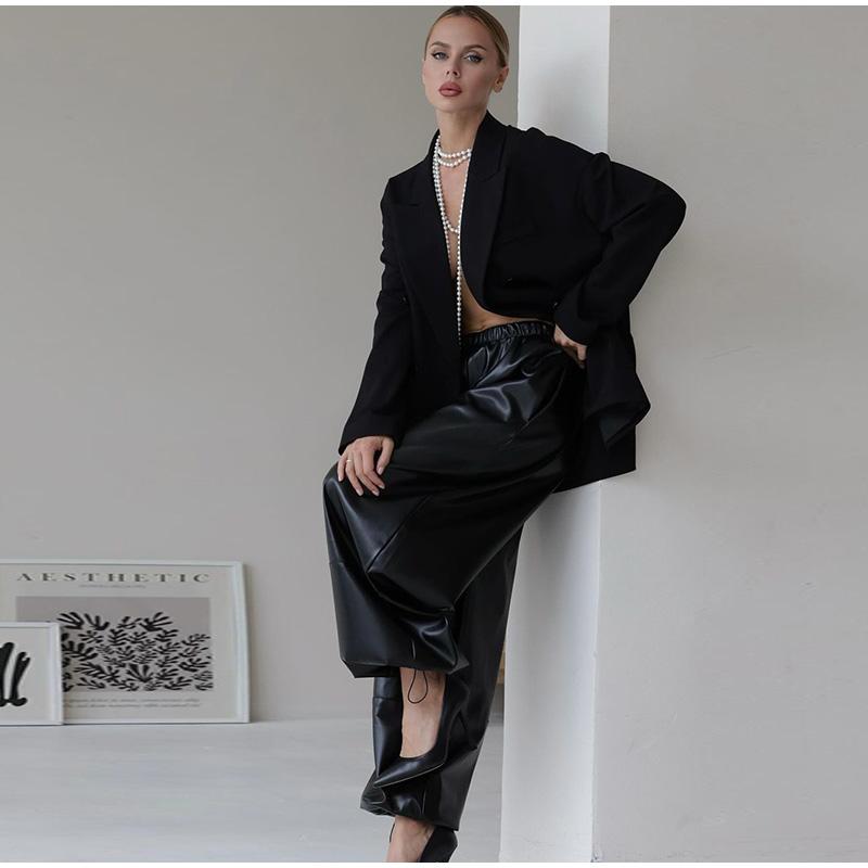 Drawstring Drawstring Lantern Leather Pants Women's Solid Color Autumn and Winter New Leather Pants Daily All-match Style Women's Pants